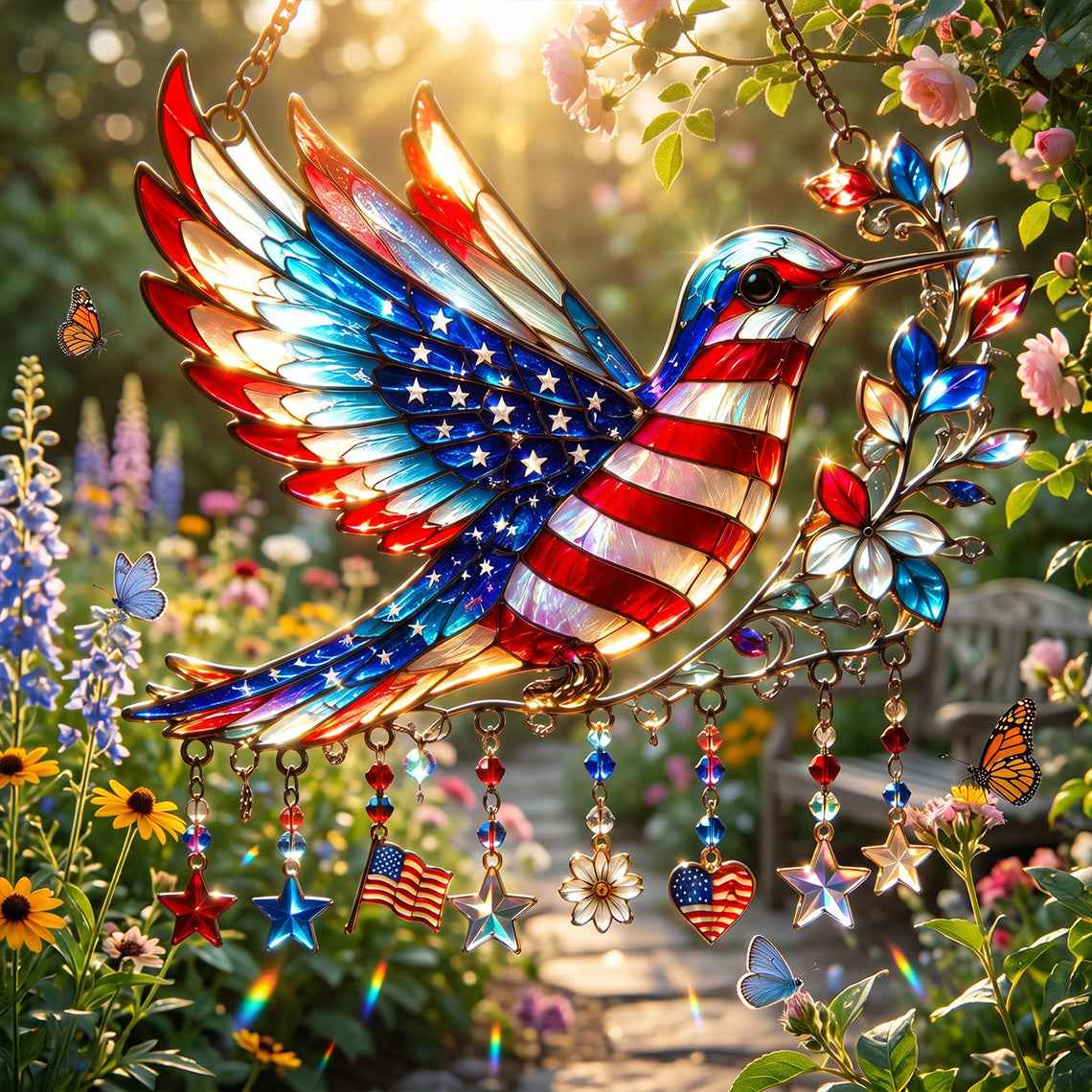 Charm Patriotic Hummingbird - Acrylic Window Hanging Suncatcher - 250th Anniversary Gift