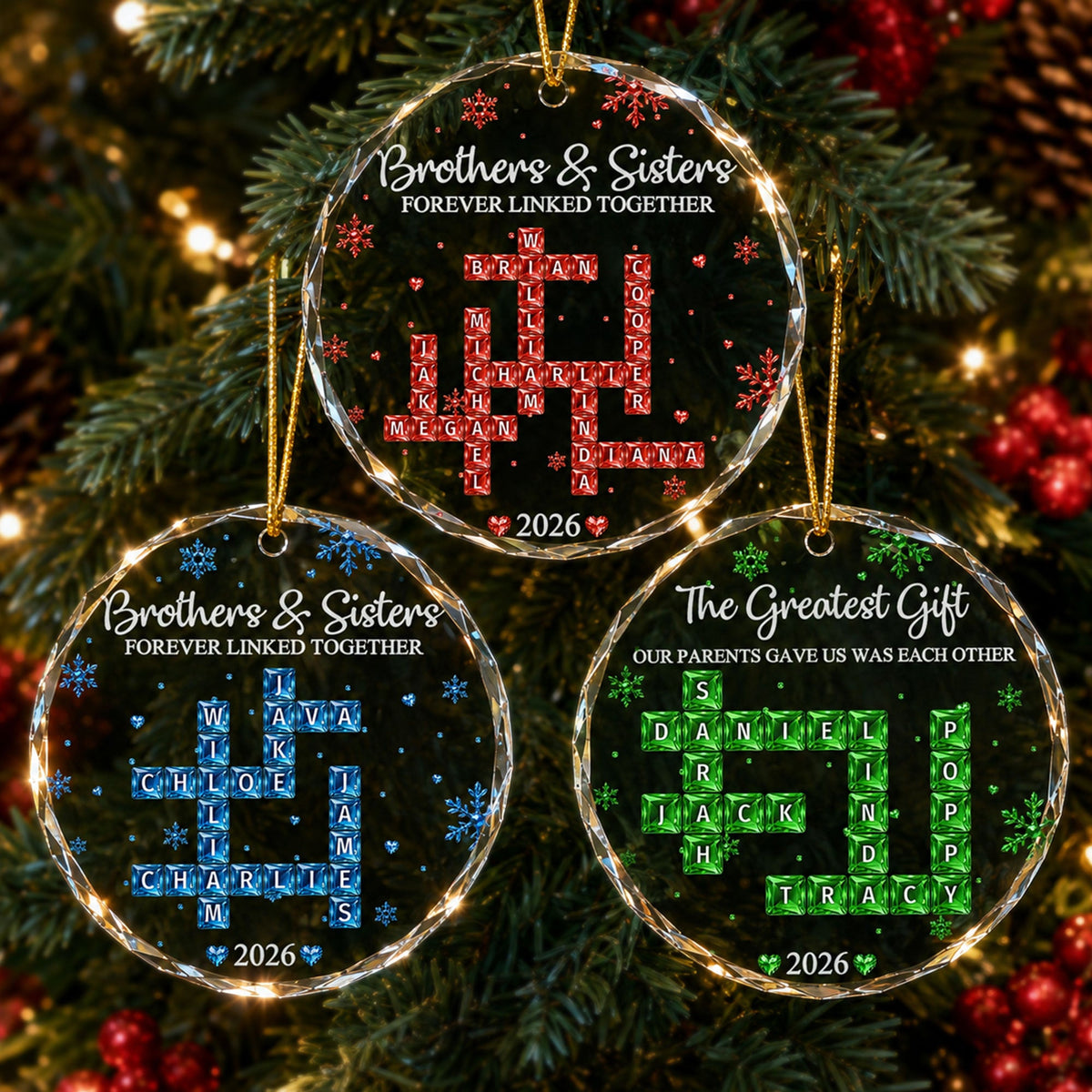 Brothers & Sisters Forever Linked Together - Custom Scrabble Crosswords Family Names - Personalized Ornament