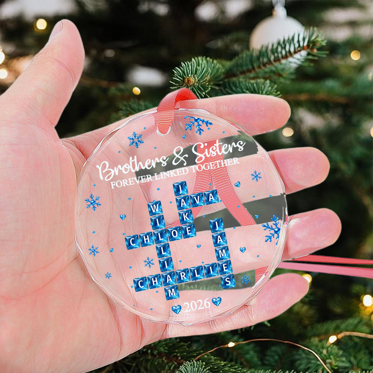 Brothers & Sisters Forever Linked Together - Custom Scrabble Crosswords Family Names - Personalized Ornament