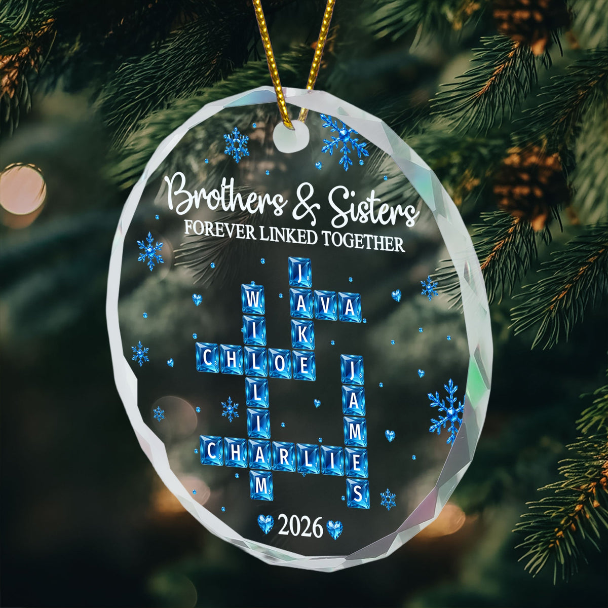 Brothers & Sisters Forever Linked Together - Custom Scrabble Crosswords Family Names - Personalized Ornament