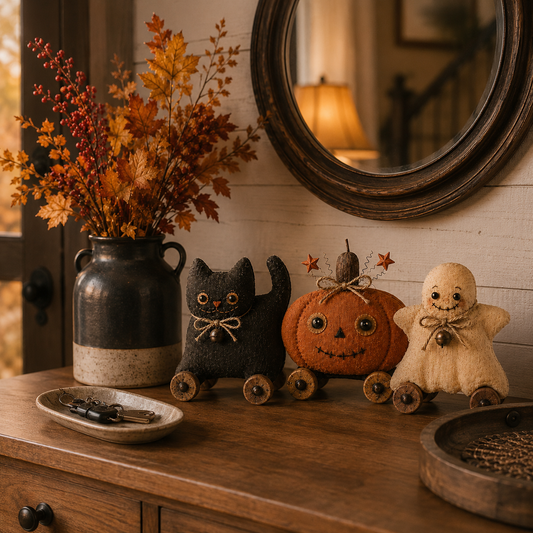 Vintage Cat Pumpkin & Ghost Decor Set