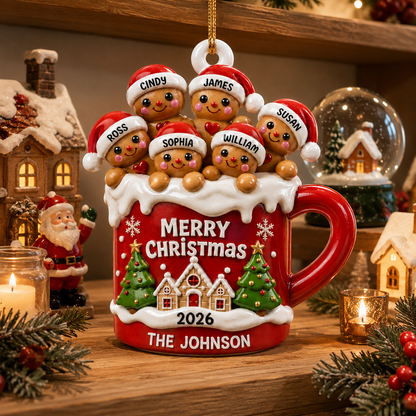 Personalized Gingerbread Family 3D Effect Hot Cocoa Christmas Ornament, Custom Family Name Acrylic Christmas Tree Ornament, Holiday Gift for Family