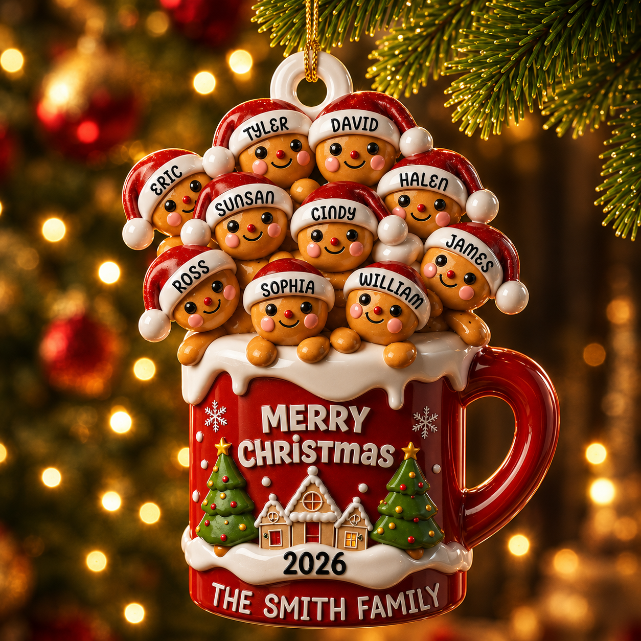 Personalized Gingerbread Family 3D Effect Hot Cocoa Christmas Ornament, Custom Family Name Acrylic Christmas Tree Ornament, Holiday Gift for Family