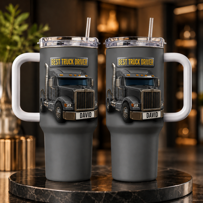 Personalized Best Truck Driver 3D 40oz Tumbler with Handle & Straw, Custom Truck Driver Insulated Travel Mug, Gift for Trucker, Trucking Gift for Dad