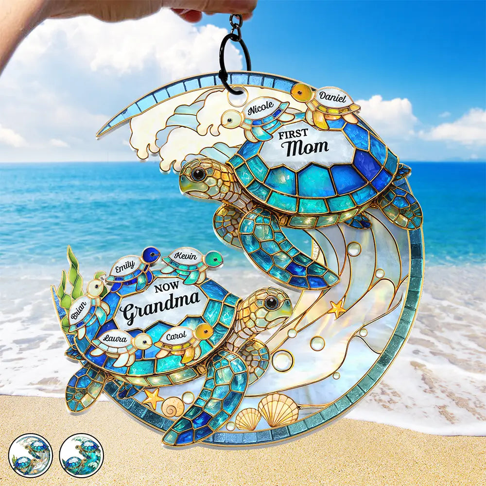 First Mom Now Grandma Stained Glass Turtle - Personalized Window Hanging Suncatcher Ornament
