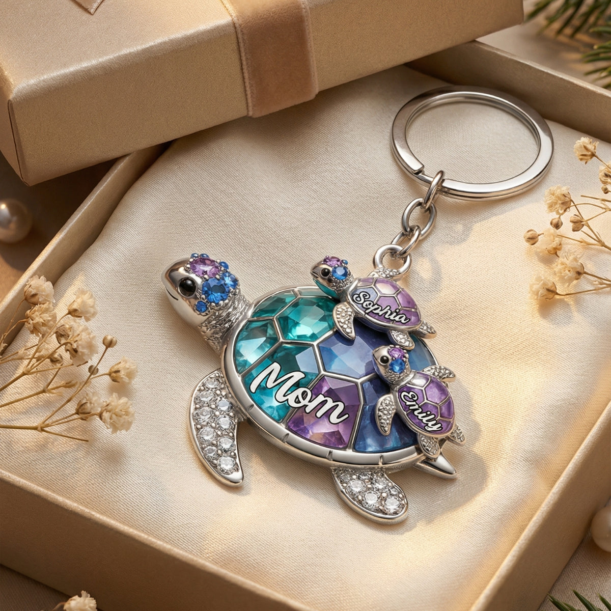Personalized Grandma/Mom Turtle Keychain - Gift For Mom and Grandma