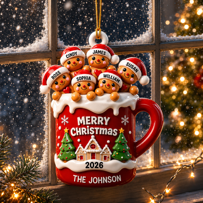 Personalized Gingerbread Family 3D Effect Hot Cocoa Christmas Ornament, Custom Family Name Acrylic Christmas Tree Ornament, Holiday Gift for Family