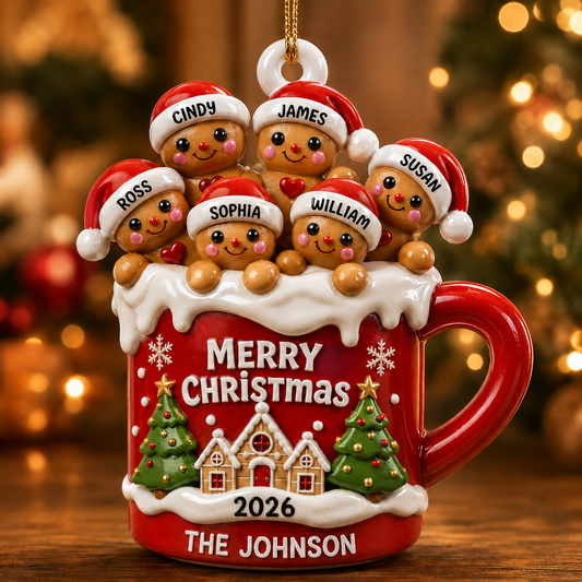 Personalized Gingerbread Family 3D Effect Hot Cocoa Christmas Ornament, Custom Family Name Acrylic Christmas Tree Ornament, Holiday Gift for Family