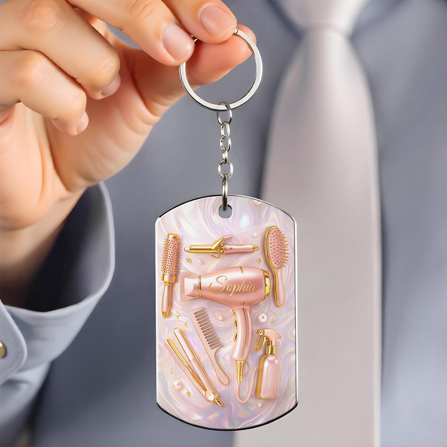 A Passion For Styling With Hair Dryer and Salon Tools - Personalized Stainless Steel Keychain - HOB119_KCX