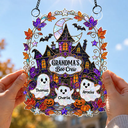 Whimsical Grandma's Boo Crew Haunted House - Personalized Acrylic Suncatcher - Halloween Decoration For Grandma