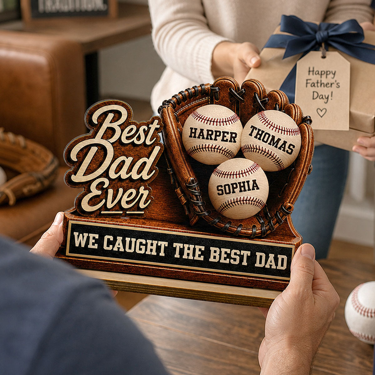 We Caught The Best Dad Baseball Glove - Personalized 2-Layered Wooden Plaque - Happy Father's Day For Baseball Dad