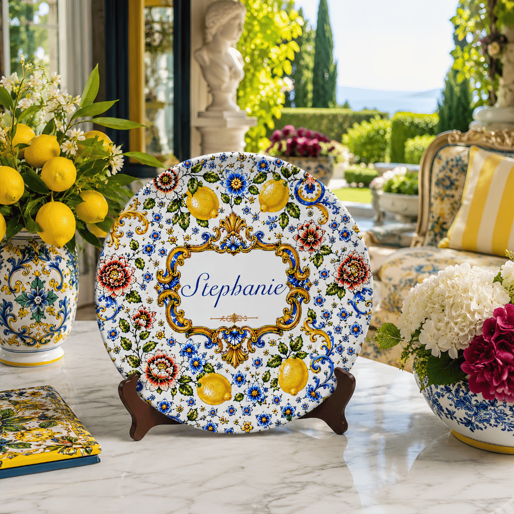 Mediterranean Style & Majolica Print Blue Lemon - Personalized Ceramic Plate - Plates For Decoration