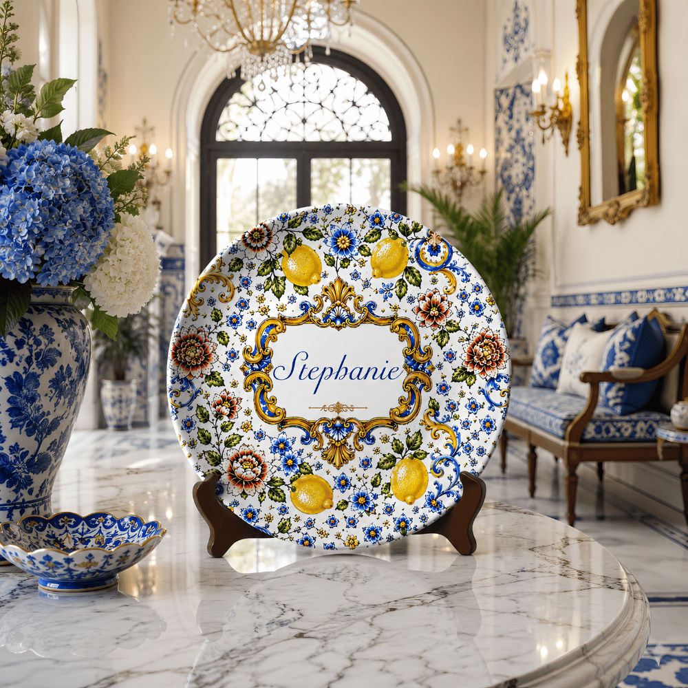 Mediterranean Style & Majolica Print Blue Lemon - Personalized Ceramic Plate - Plates For Decoration