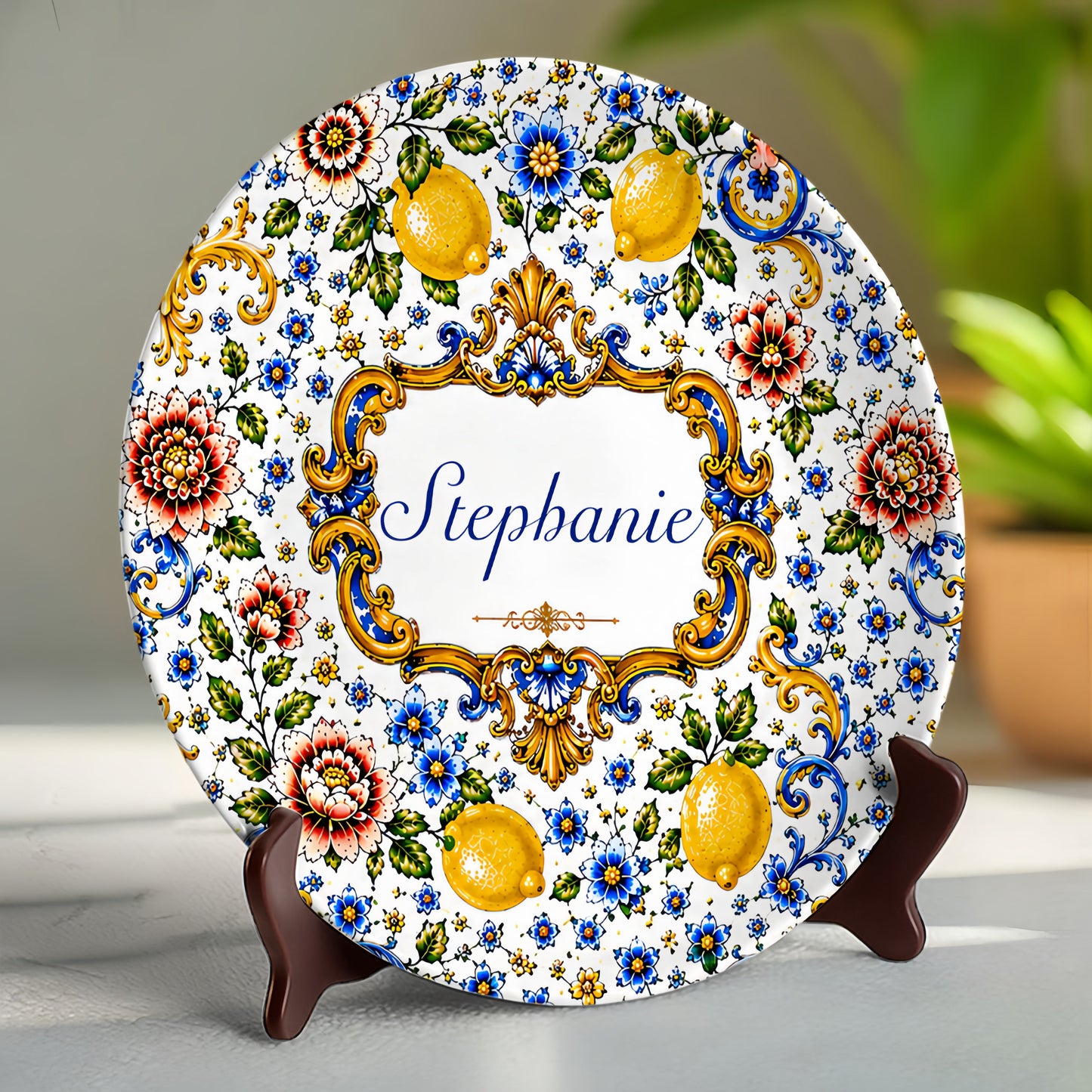 Mediterranean Style & Majolica Print Blue Lemon - Personalized Ceramic Plate - Plates For Decoration