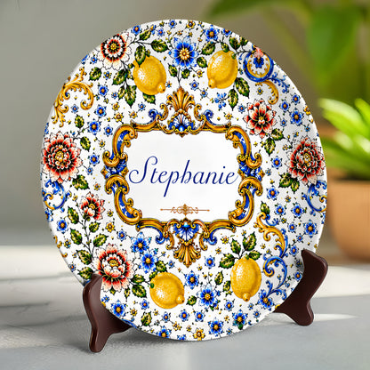 Mediterranean Style & Majolica Print Blue Lemon - Personalized Ceramic Plate - Plates For Decoration