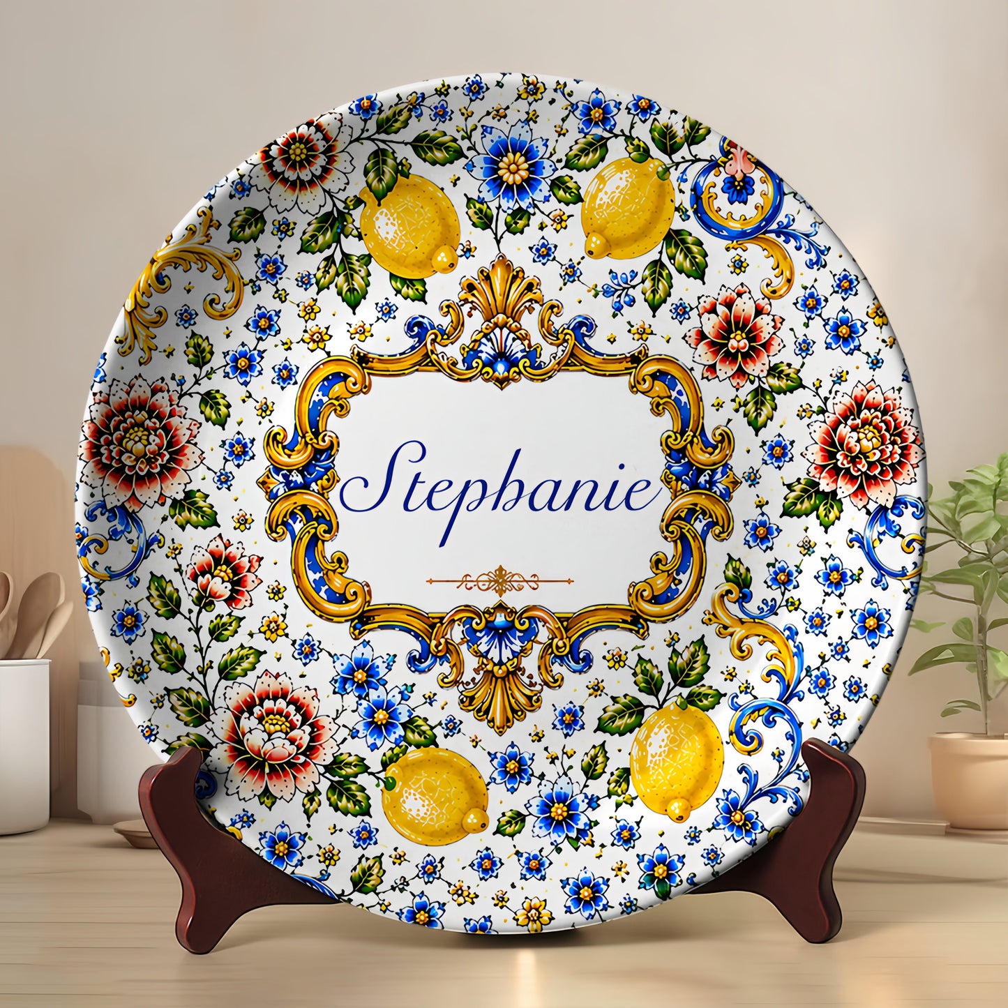 Mediterranean Style & Majolica Print Blue Lemon - Personalized Ceramic Plate - Plates For Decoration