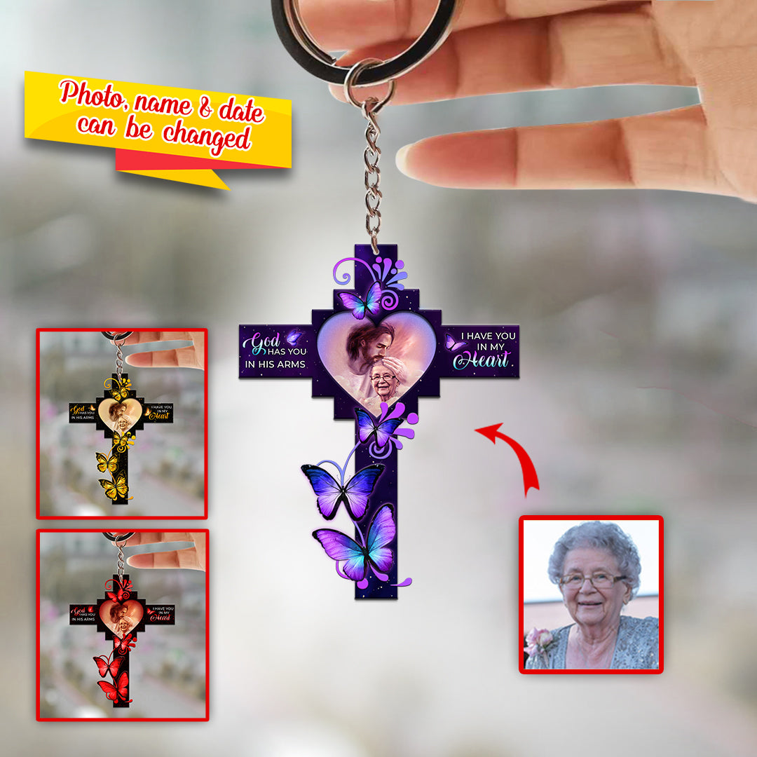Personalized God has you in his arms Memorial Gift Butterfly Cross Keychain