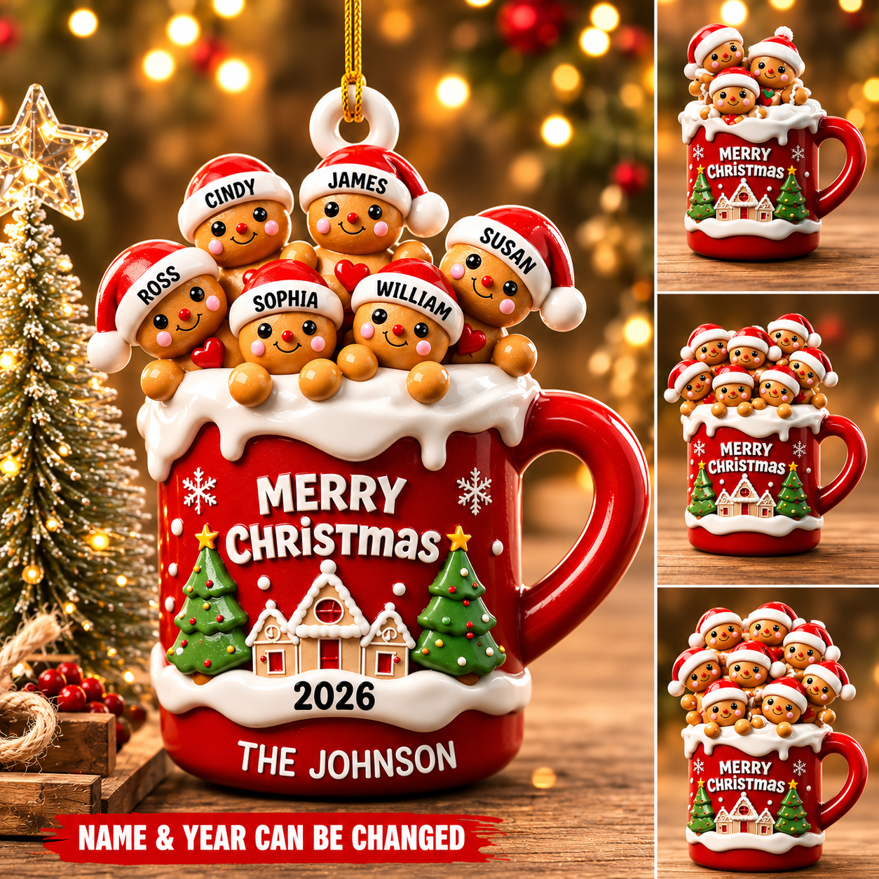 Personalized Gingerbread Family 3D Effect Hot Cocoa Christmas Ornament, Custom Family Name Acrylic Christmas Tree Ornament, Holiday Gift for Family