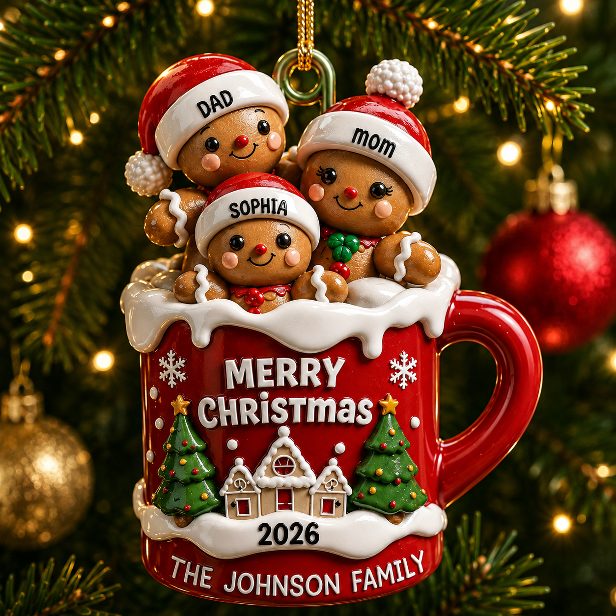 Personalized Gingerbread Family 3D Effect Hot Cocoa Christmas Ornament, Custom Family Name Acrylic Christmas Tree Ornament, Holiday Gift for Family