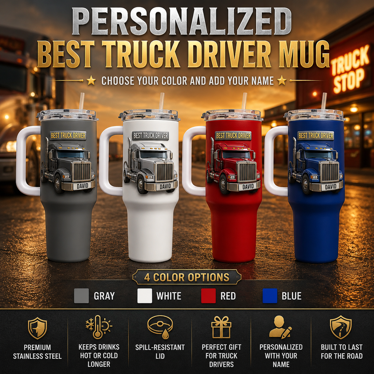 Personalized Best Truck Driver 3D 40oz Tumbler with Handle & Straw, Custom Truck Driver Insulated Travel Mug, Gift for Trucker, Trucking Gift for Dad