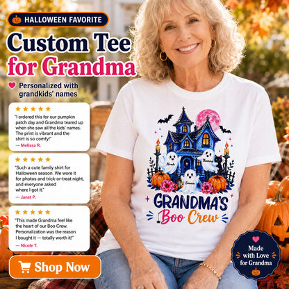 Grandma's Boo Crew Trendy Haunted House - Personalized Shirt - Halloween Shirt for Grandma