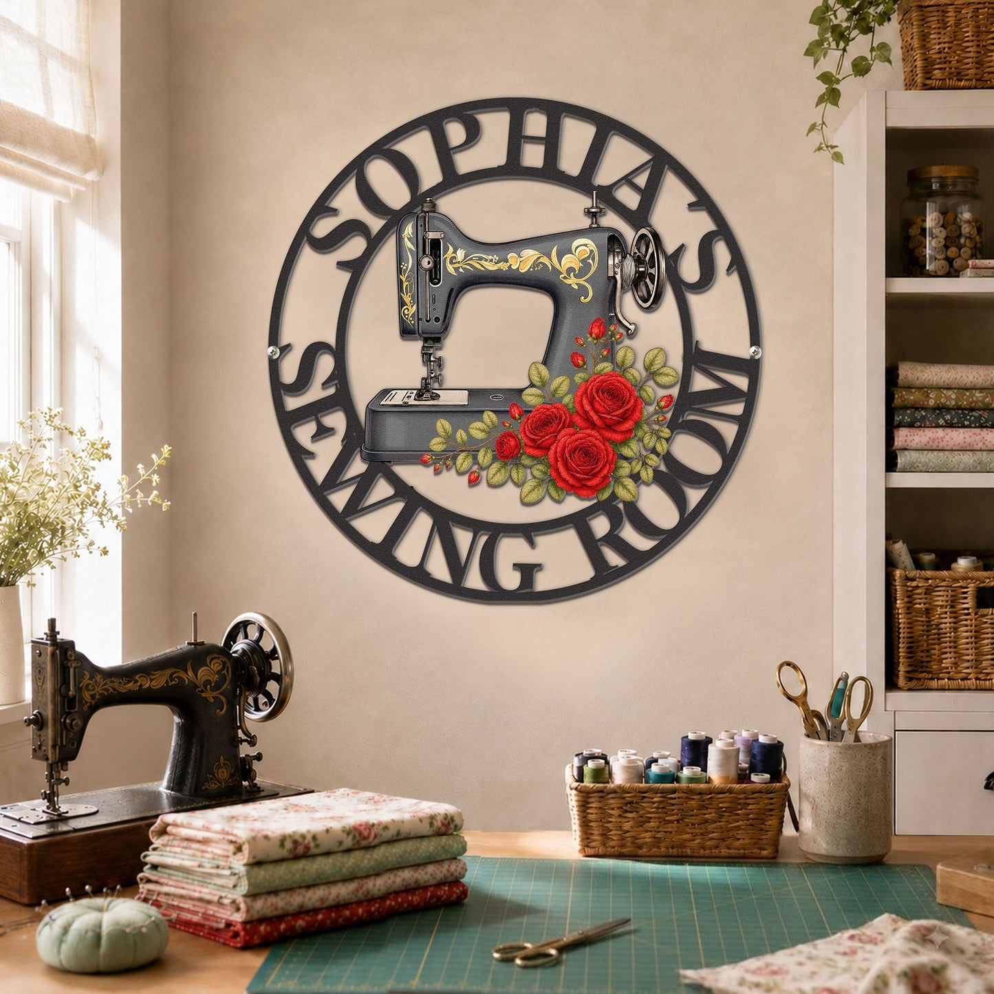 Sewing Room, Sewing Machine With Birth Flower - Personalized Metal Sign