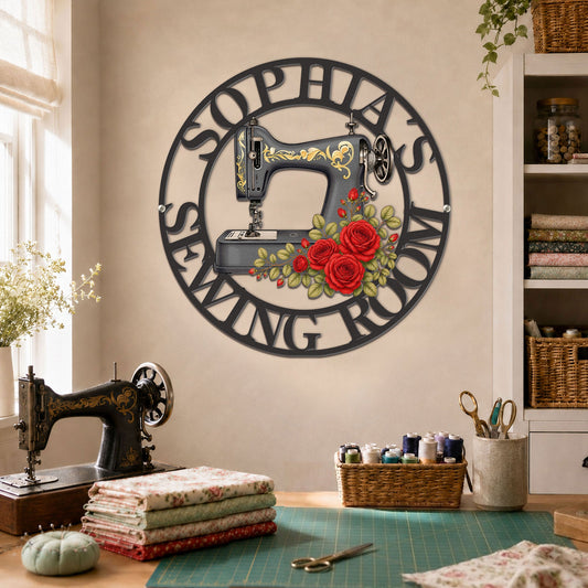 Sewing Room, Sewing Machine With Birth Flower - Personalized Metal Sign