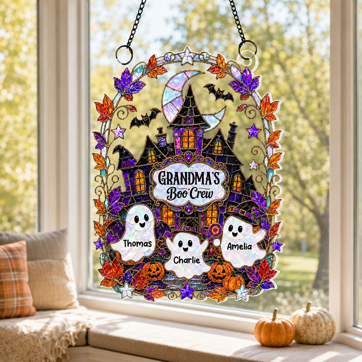Whimsical Grandma's Boo Crew Haunted House - Personalized Acrylic Suncatcher - Halloween Decoration For Grandma