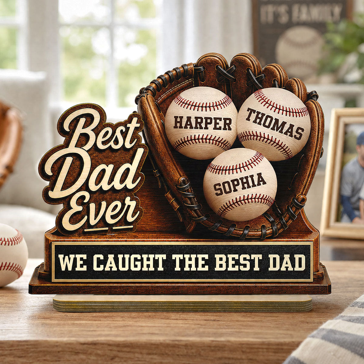 We Caught The Best Dad Baseball Glove - Personalized 2-Layered Wooden Plaque - Happy Father's Day For Baseball Dad
