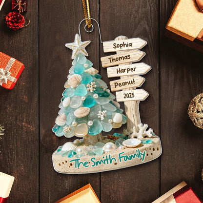 3D Sea Glass Effect Christmas Tree Sign Posts - Personalized Acrylic Ornament - Coastal Vibe Christmas Gift