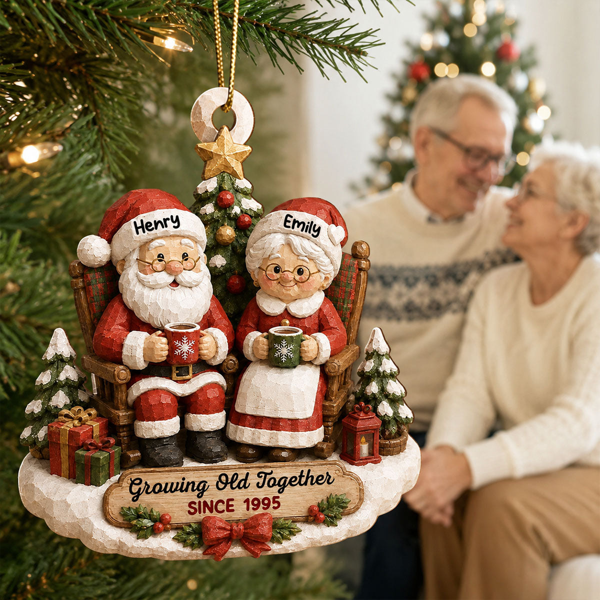 Rustic Vintage Santa Couple Growing Old Together - Personalized Ornament - Christmas Gift For Couple