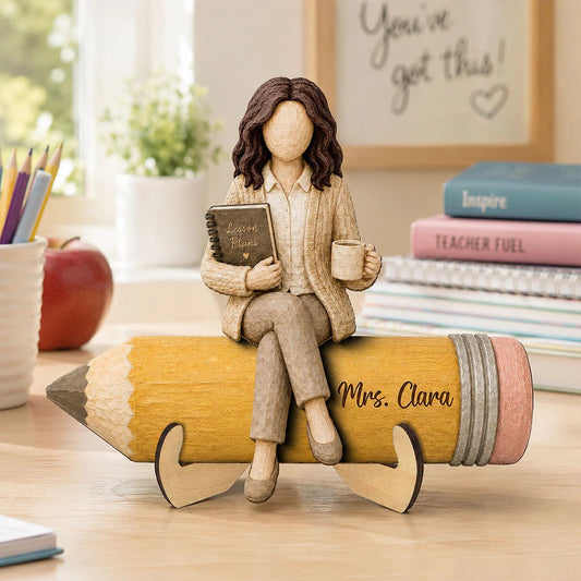 Teacher Sitting On Pencil 2D Flat - Personalized Wooden Plaque - Back To School Gift