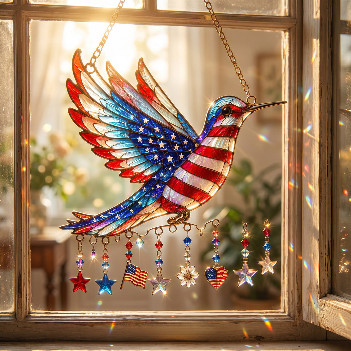 Charm Patriotic Hummingbird - Acrylic Window Hanging Suncatcher - 250th Anniversary Gift