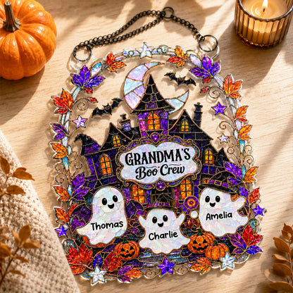 Whimsical Grandma's Boo Crew Haunted House - Personalized Acrylic Suncatcher - Halloween Decoration For Grandma