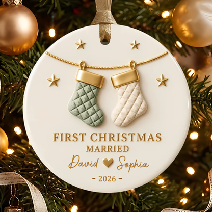 Personalized First Christmas Married Ceramic Ornament - Custom Couple Names & Year Christmas Tree Keepsake Gift