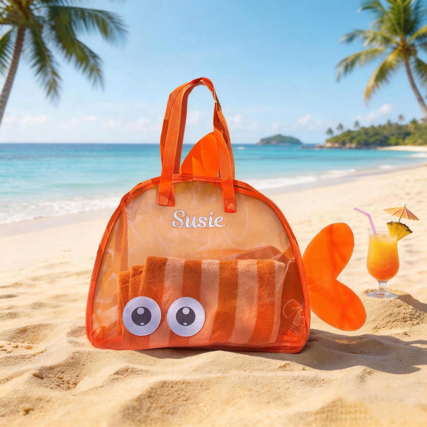 Personalized Embroidered Kid Mesh Fish-Shaped Beach Bag