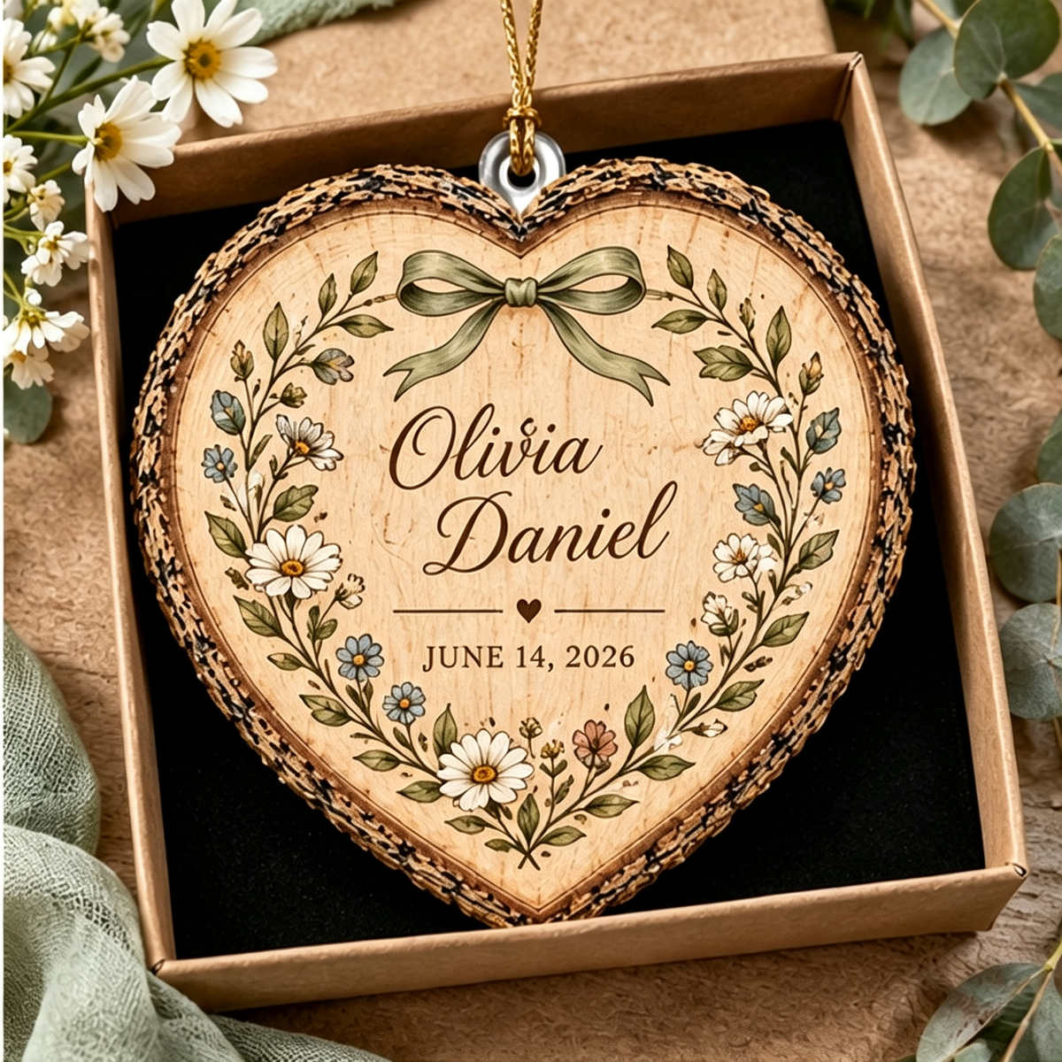 Personalized Wedding Heart Ornament – Custom Name & Date Couple Keepsake Gift