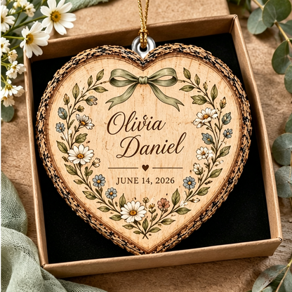 Personalized Wedding Heart Ornament – Custom Name & Date Couple Keepsake Gift