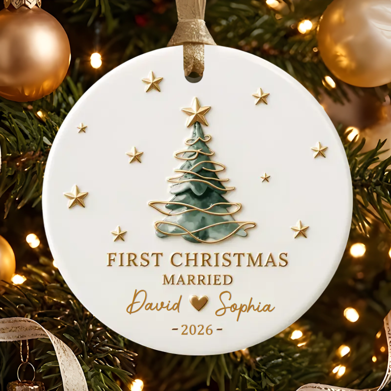 Personalized First Christmas Married Ceramic Ornament - Custom Couple Names & Year Christmas Tree Keepsake Gift