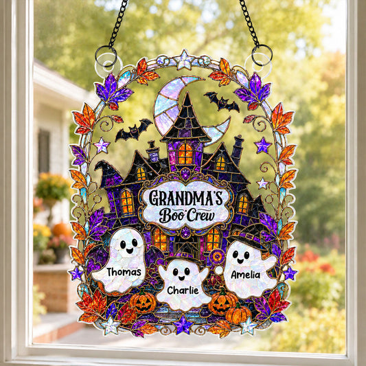 Whimsical Grandma's Boo Crew Haunted House - Personalized Acrylic Suncatcher - Halloween Decoration For Grandma