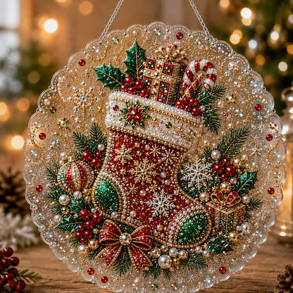 ✨ Christmas Pearl Diamond Art Hanging Ornament Kit | Luxury Flocked Canvas with Scratch-Resistant Non-Fading Pearl Beads DIY Handmade Holiday Hanging Decor 🎅💎