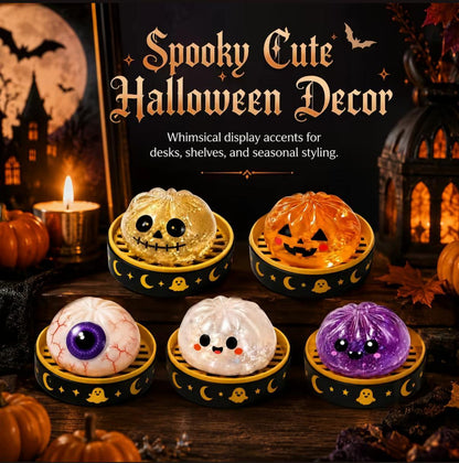 Halloween Glitter Spooky Dumpling Squishy Stress Ball with Steamer Base | Cute Sensory Fidget Toy & Fall Desk Decor Gift