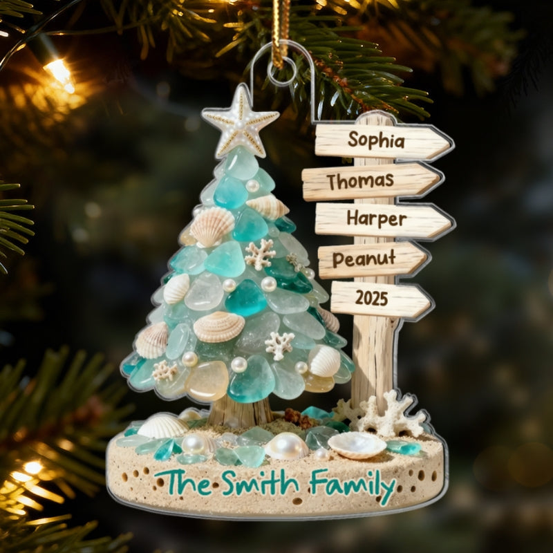 3D Sea Glass Effect Christmas Tree Sign Posts - Personalized Acrylic Ornament - Coastal Vibe Christmas Gift