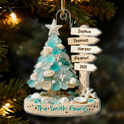 3D Sea Glass Effect Christmas Tree Sign Posts - Personalized Acrylic Ornament - Coastal Vibe Christmas Gift