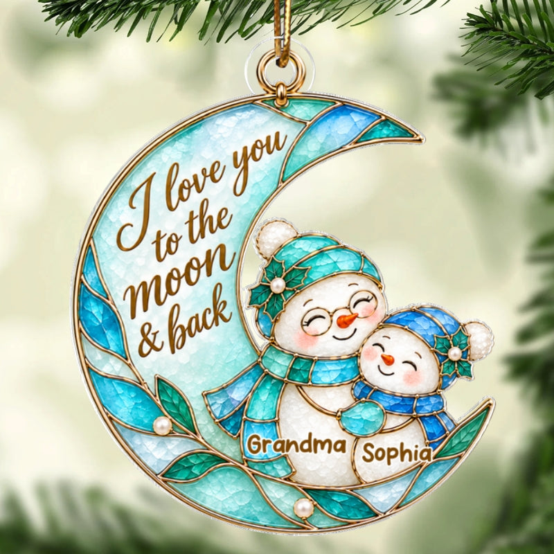 Grandma Grandkid Snowman On Moon - Personalized Acrylic Ornament - Christmas Gift For Grandkids, Grandma
