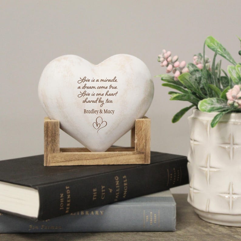 Personalized Heart Shared By Two Desk Decor, Love is a Miracle Heart Engraved with Names