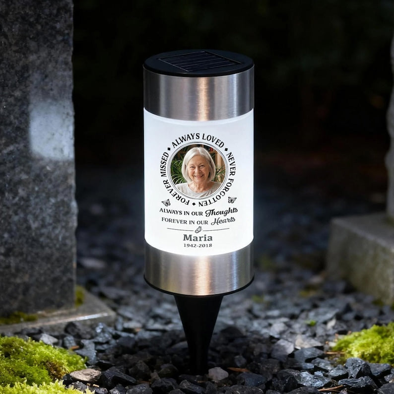 Personalized Always Loved Photo Solar Garden Light with Custom Name Memorial Year Outdoor Lawn Decor Sympathy Bereavement Gift