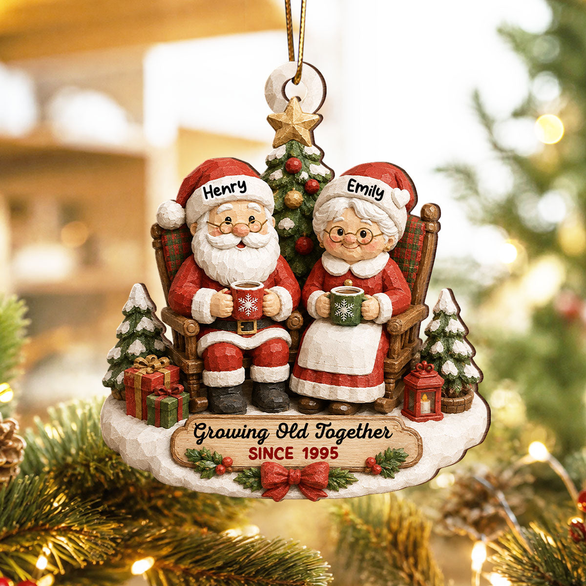 Rustic Vintage Santa Couple Growing Old Together - Personalized Ornament - Christmas Gift For Couple