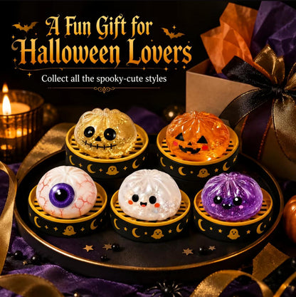 Halloween Glitter Spooky Dumpling Squishy Stress Ball with Steamer Base | Cute Sensory Fidget Toy & Fall Desk Decor Gift