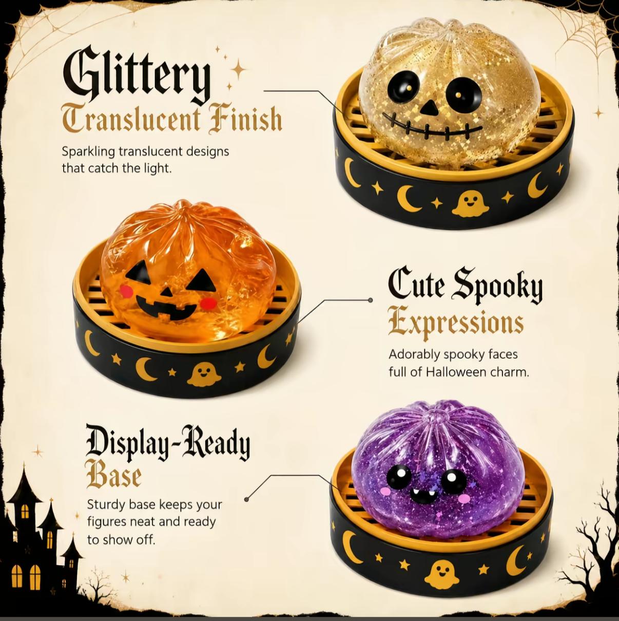 Halloween Glitter Spooky Dumpling Squishy Stress Ball with Steamer Base | Cute Sensory Fidget Toy & Fall Desk Decor Gift
